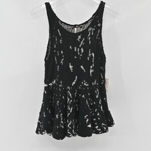 Free People Textured Knit Peplum‎ Tank Top Womens Size S Black White Cotton Boho